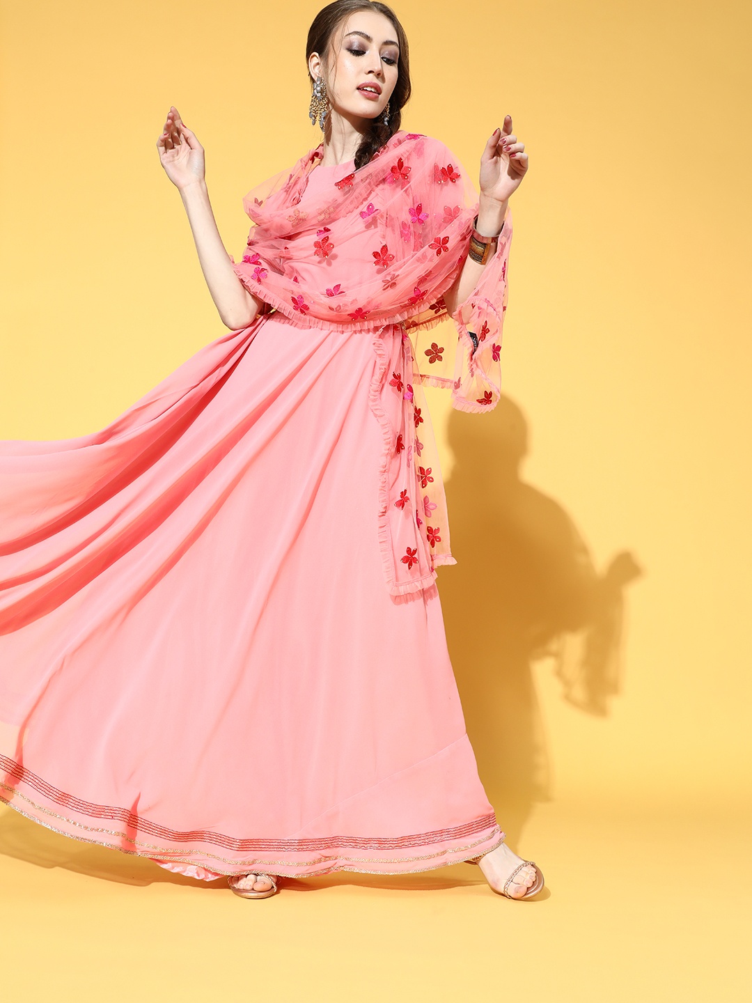 

Inddus Women Pink Solid Anarkali Kurta with Embroidered Dupatta & Belt