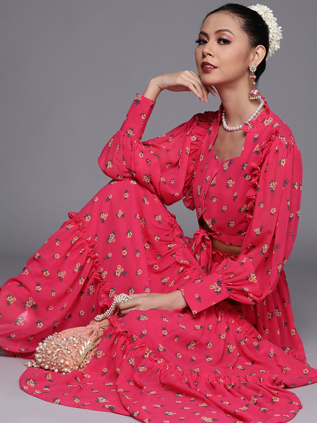 

Inddus Women Pink & Yellow Waist Tie-Up Printed Top with Skirt