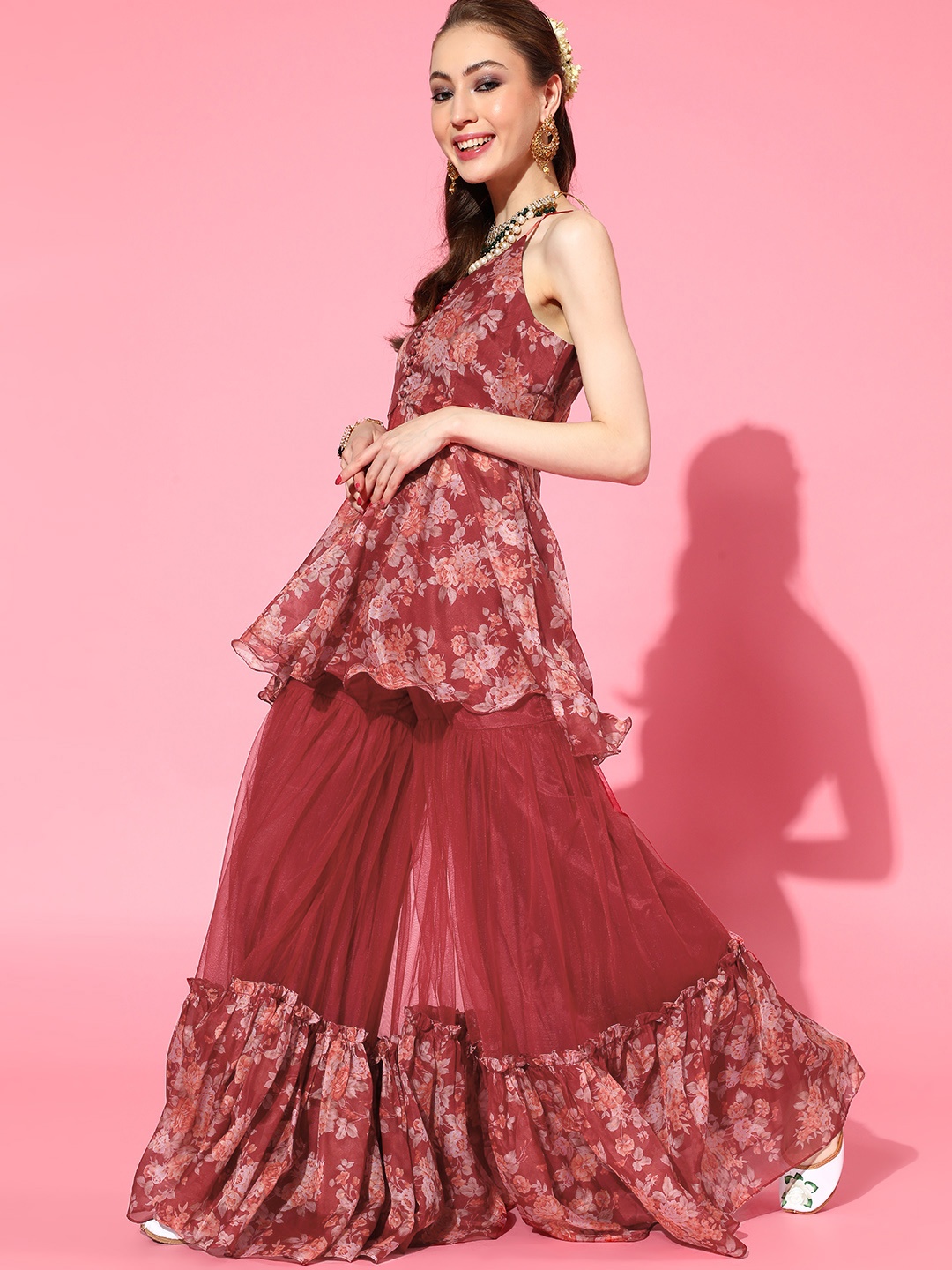 

Inddus Floral Organza Kurta Set, Maroon