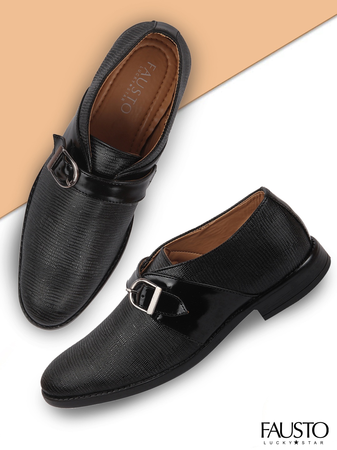 

FAUSTO Men Black Textured PU Monks