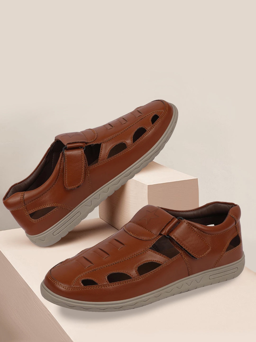 

FAUSTO Men Tan Brown PU Shoe-Style Sandals
