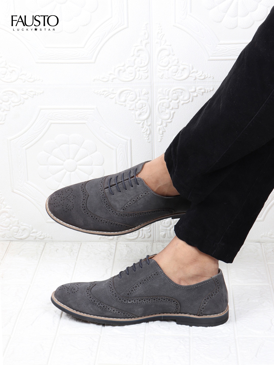 

FAUSTO Men Grey Perforations Suede Brogues