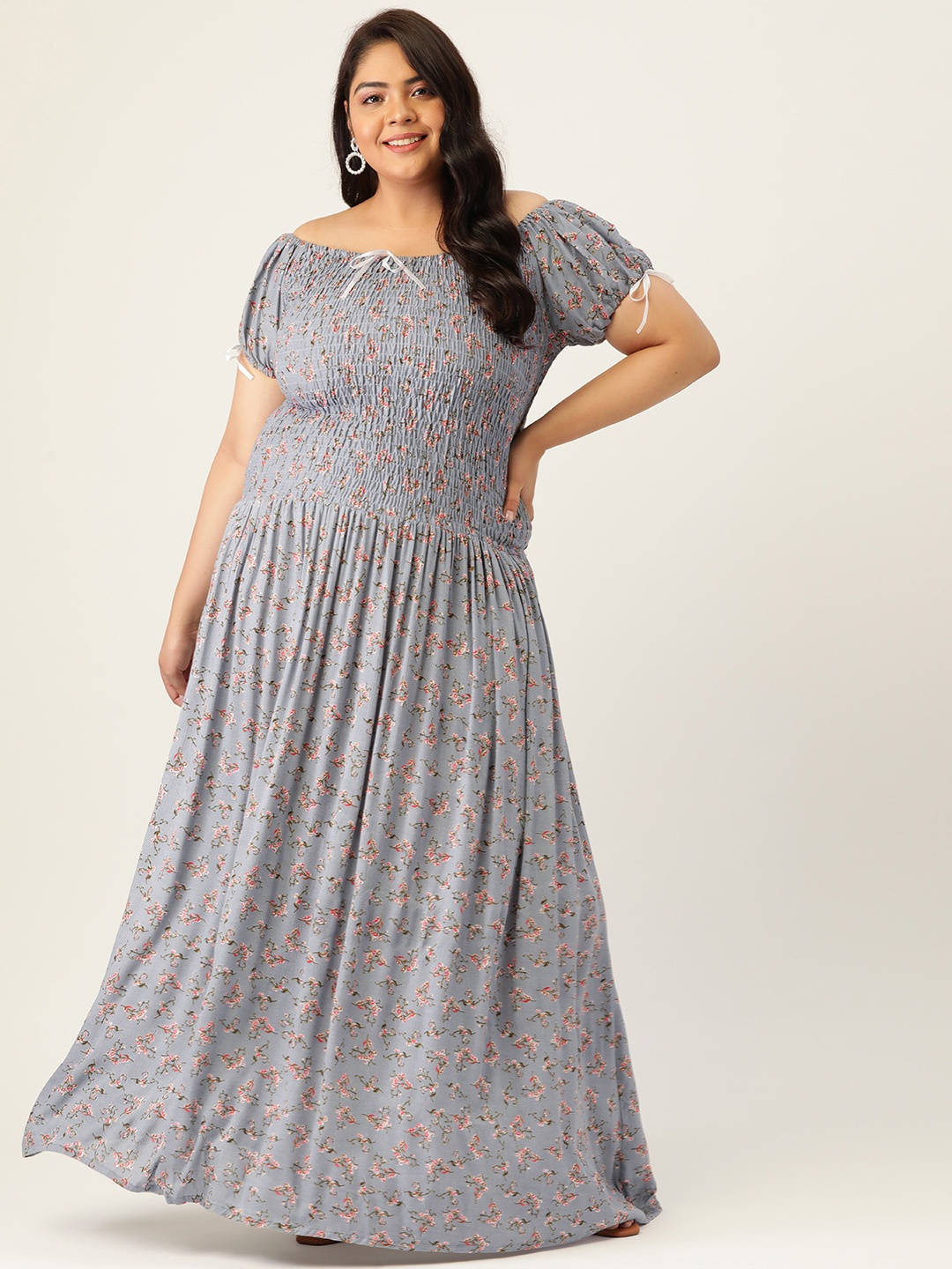 

Vemante Women Plus Size Grey & Olive Green Floral Off-Shoulder Smocked Gathered Maxi Dress