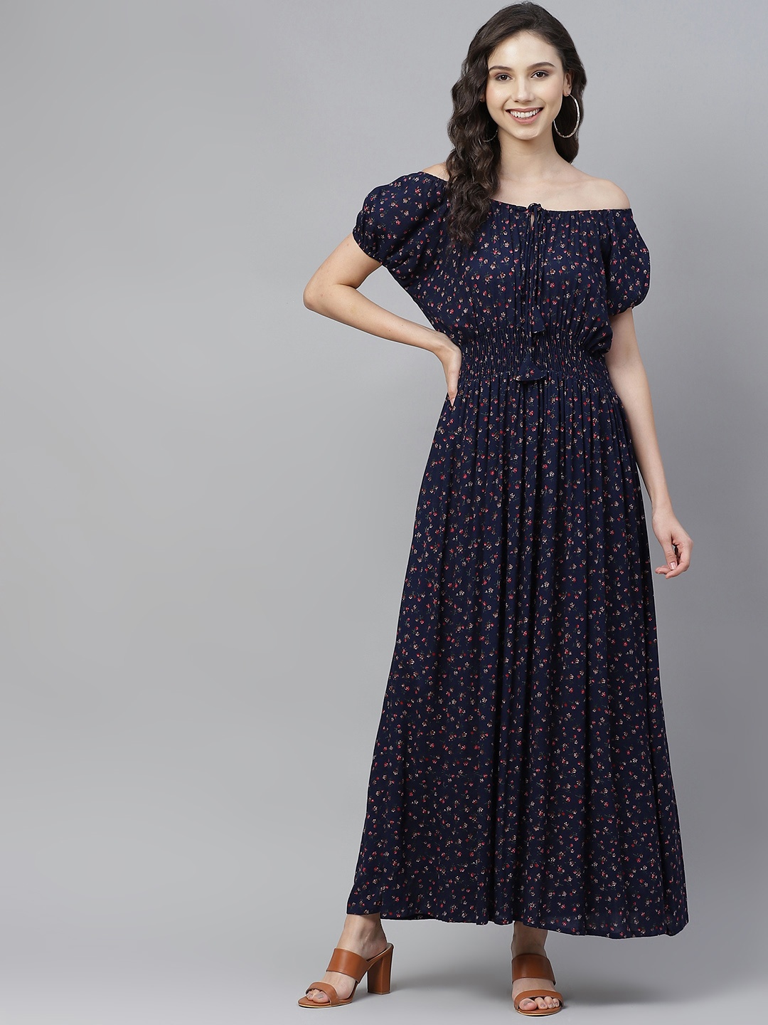 

Vemante Navy Blue & Beige Floral Printed Off-Shoulder Maxi Dress