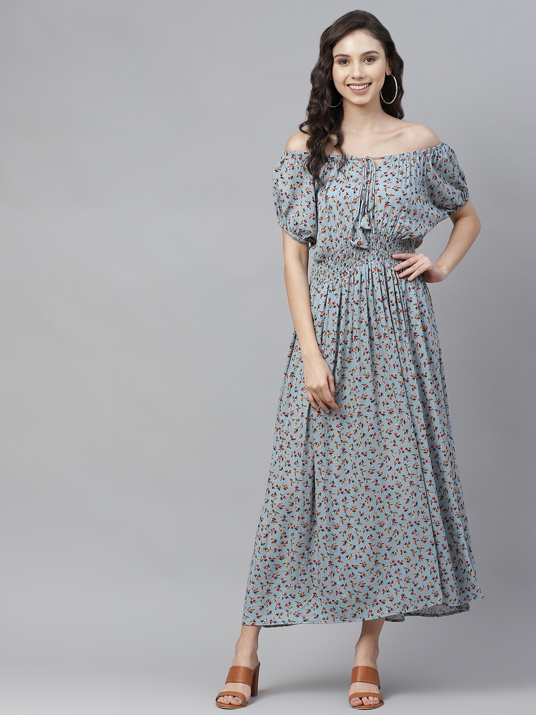 

Vemante Grey & Coffee Brown Floral Printed Off-Shoulder Maxi Dress