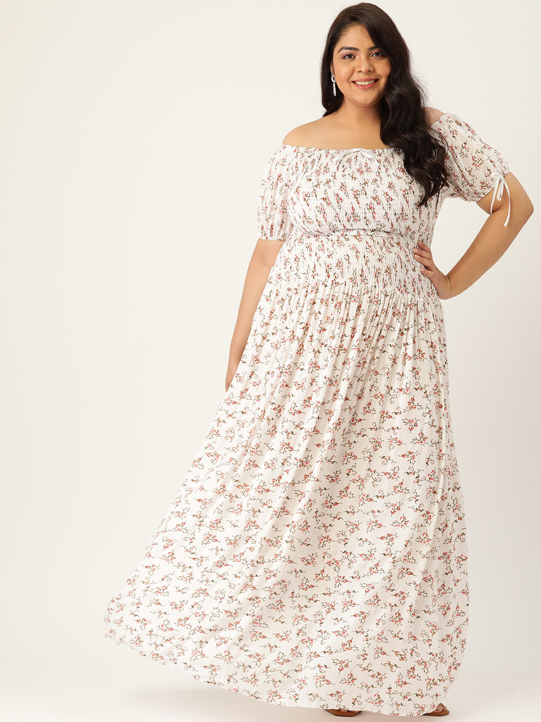 

Vemante Women Plus Size White & Red Floral Off-Shoulder Maxi Dress