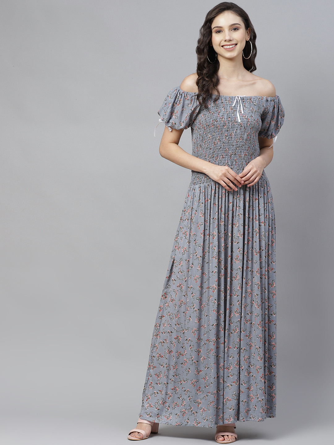 

Vemante Grey & Red Floral Print Off-Shoulder Smocked Maxi Dress