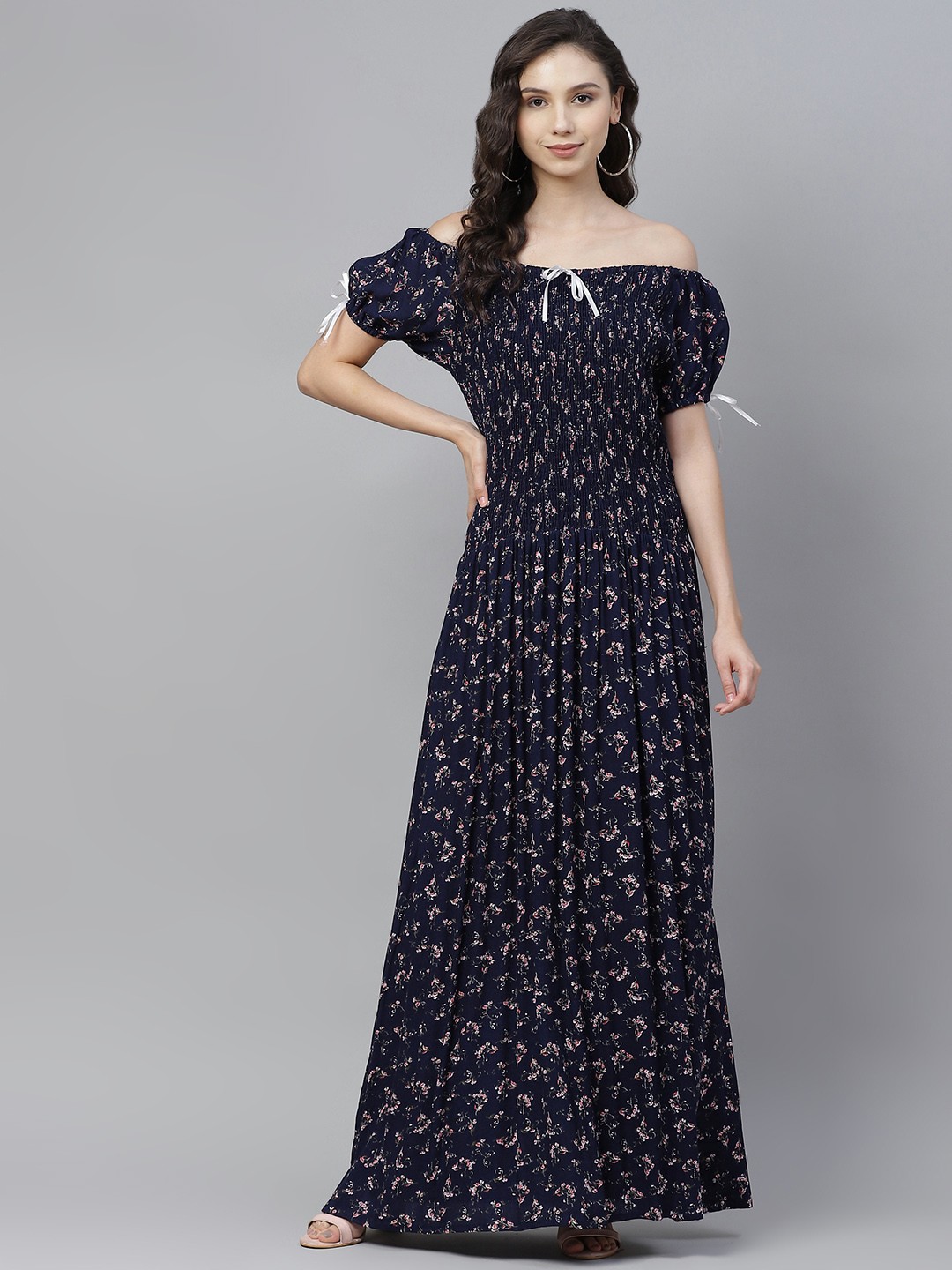 

Vemante Navy Blue & Red Floral Print Off-Shoulder Smocked Maxi Dress