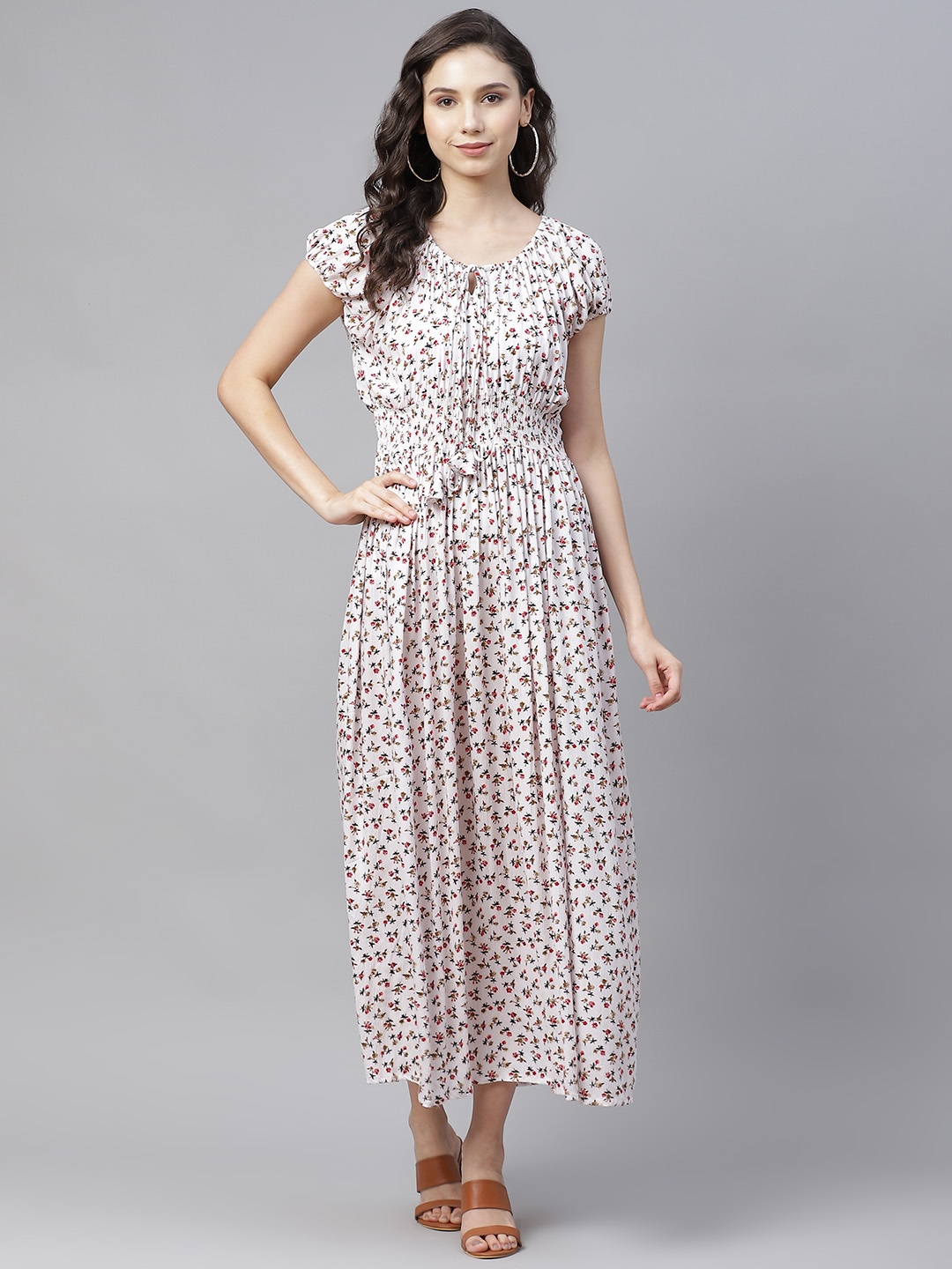 

Vemante White & Pink Floral Print Tie-Up Neck Maxi Dress