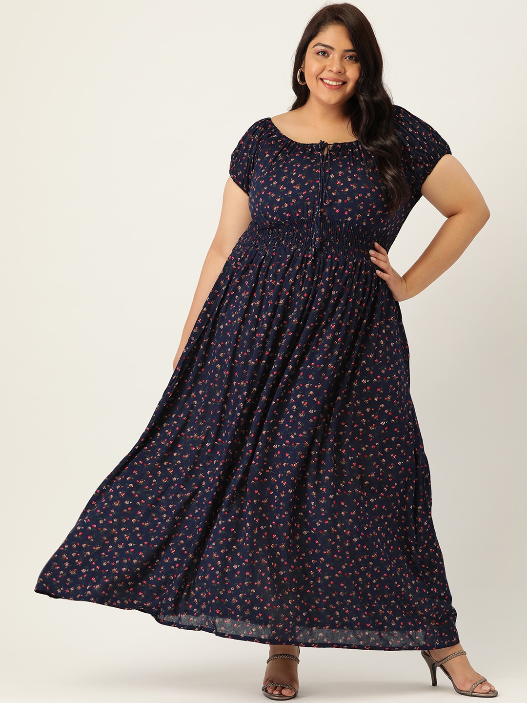 

Vemante Women Plus Size Navy Blue & Red Floral Tie-Up Neck Maxi Dress