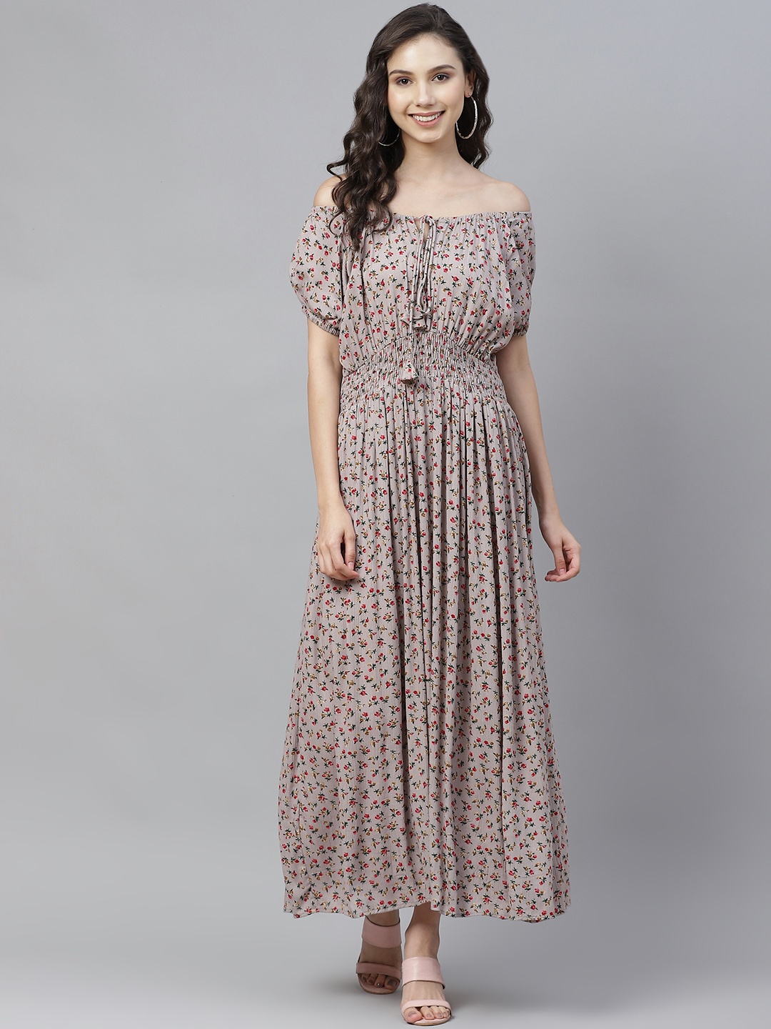 

Vemante Taupe & Pink Floral Off-Shoulder Maxi Dress