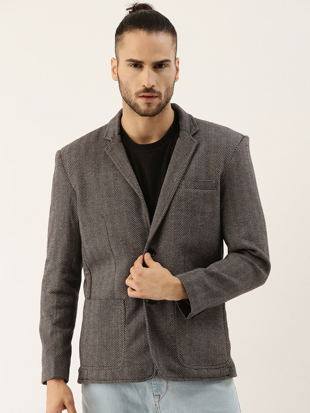 

Campus Sutra Men Grey & Black Striped Single-Breasted Casual Blazer
