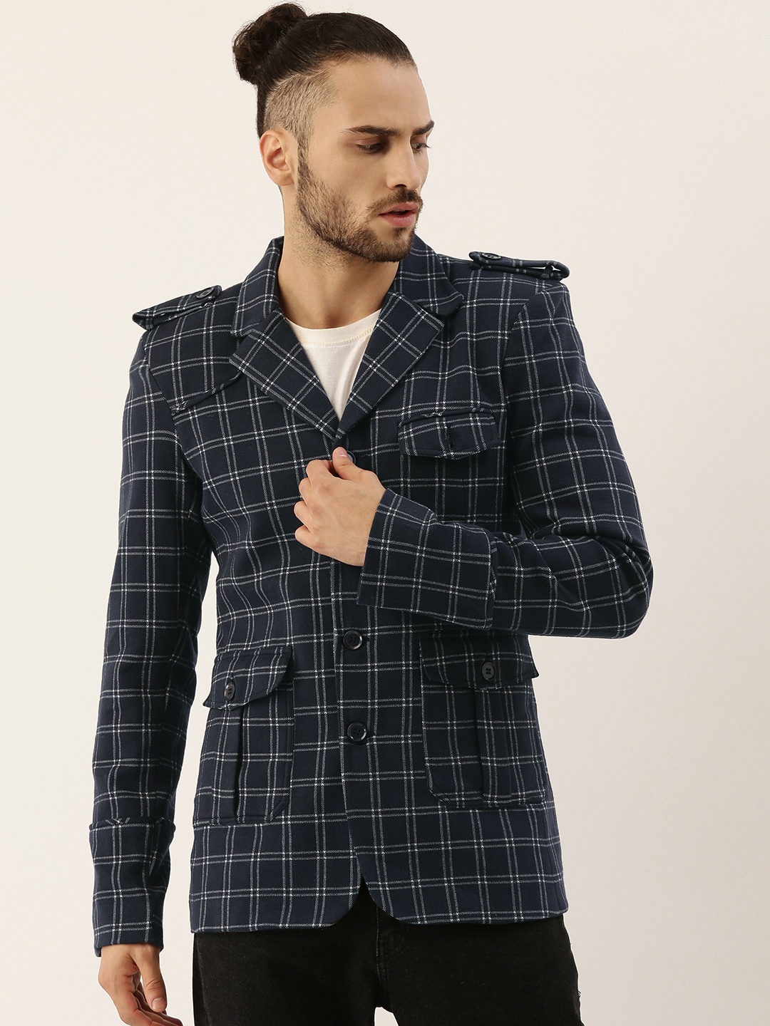 

Campus Sutra Men Navy Blue & White Checked Single-Breasted Casual Blazer