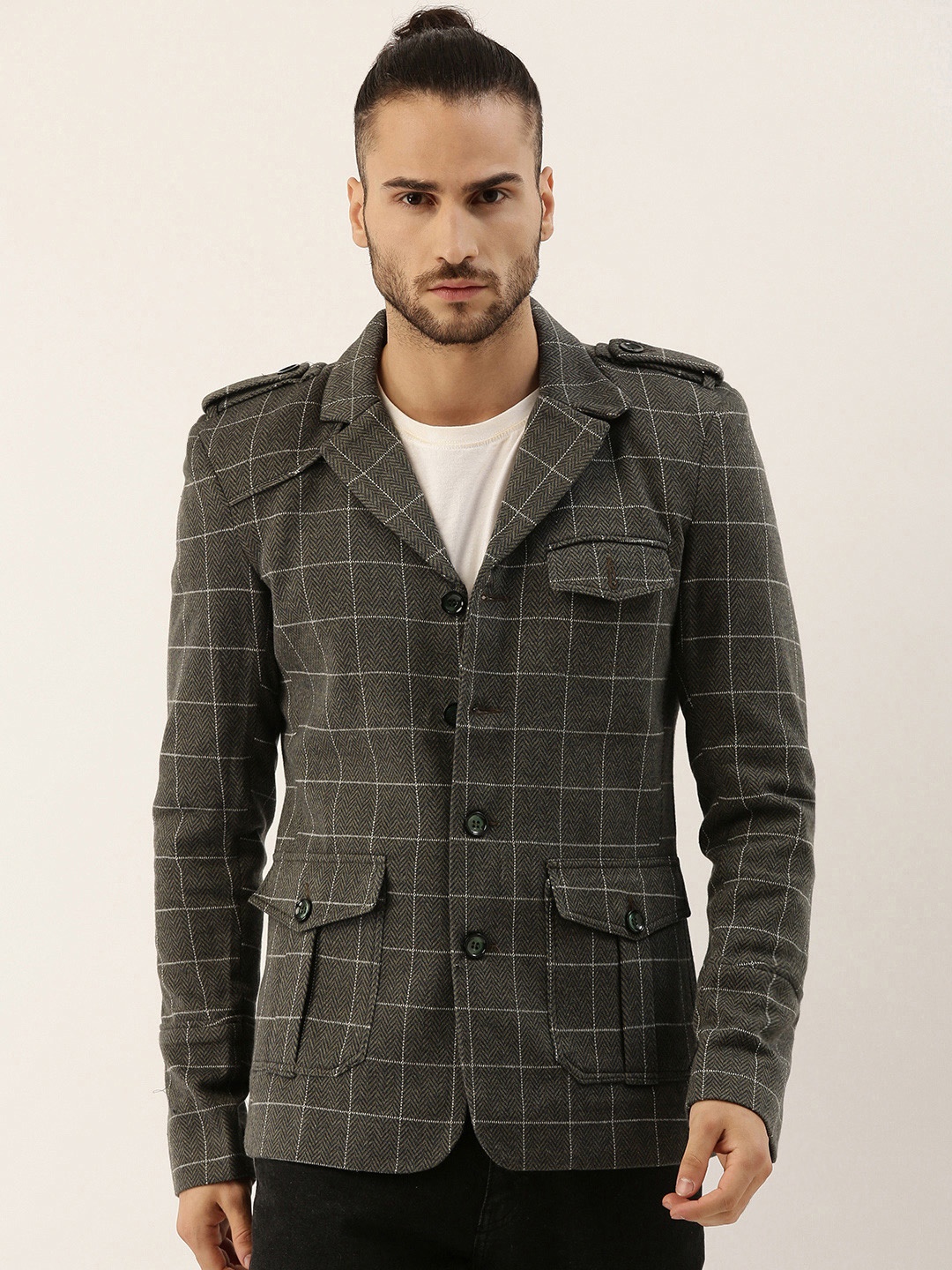 

Campus Sutra Men Olive Green & White Checked Single-Breasted Casual Blazer