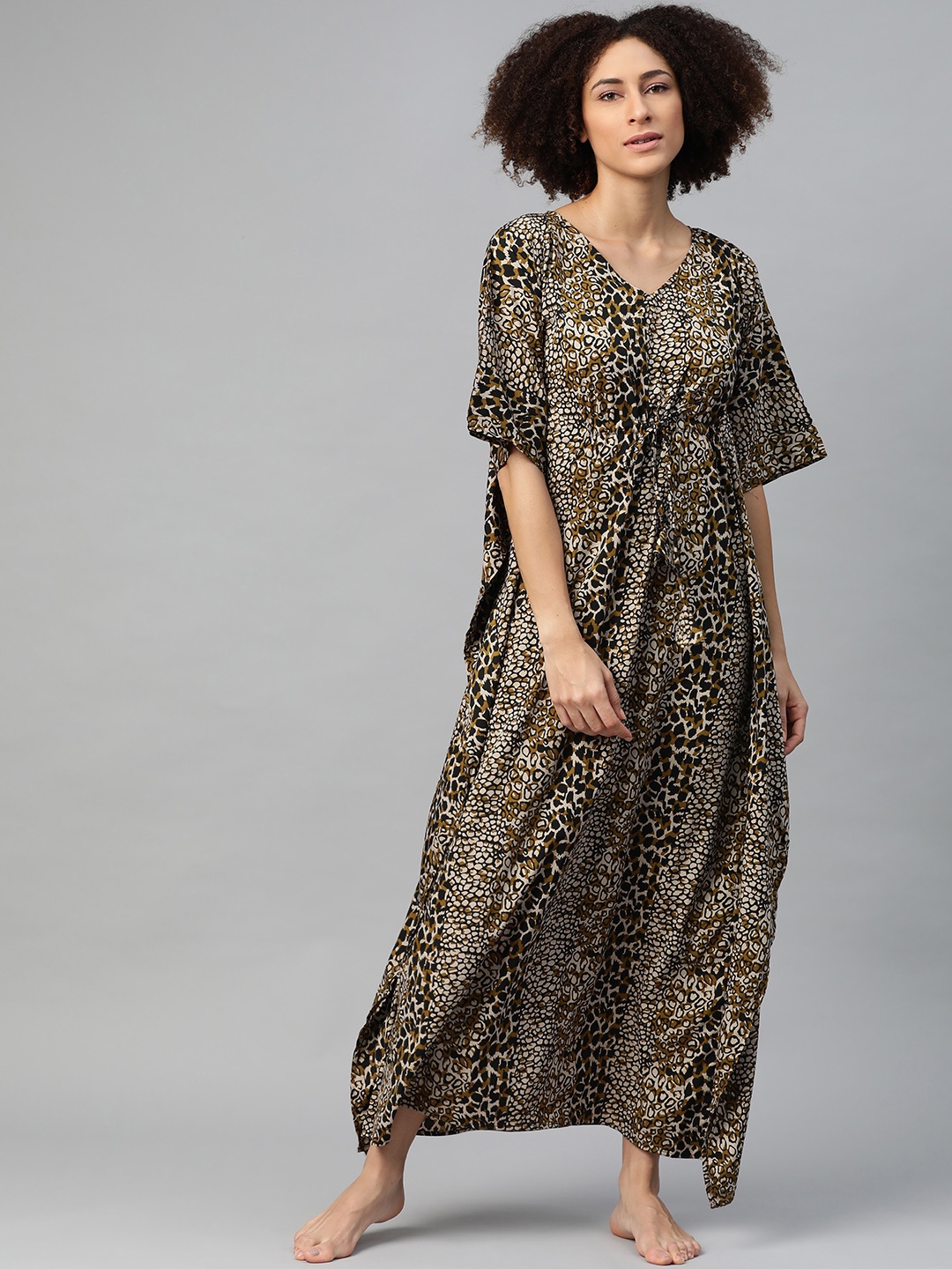 

Cottinfab Women Black & Beige Printed Kaftan Maxi Nightdress