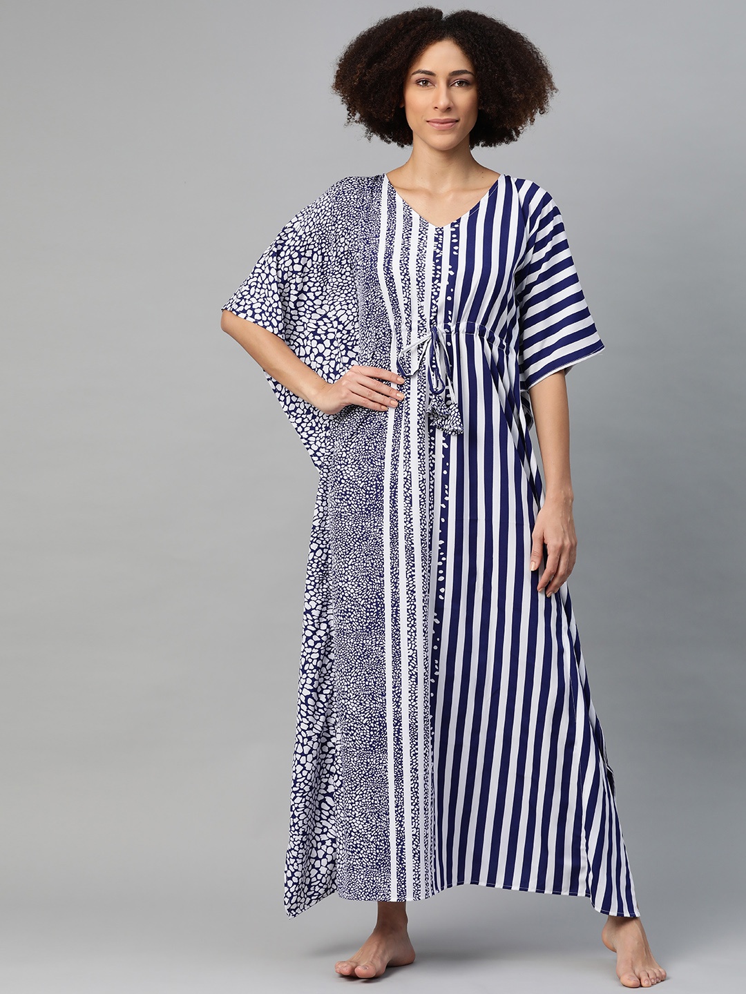 

Cottinfab Women Navy Blue & White Striped Kaftan Maxi Nightdress