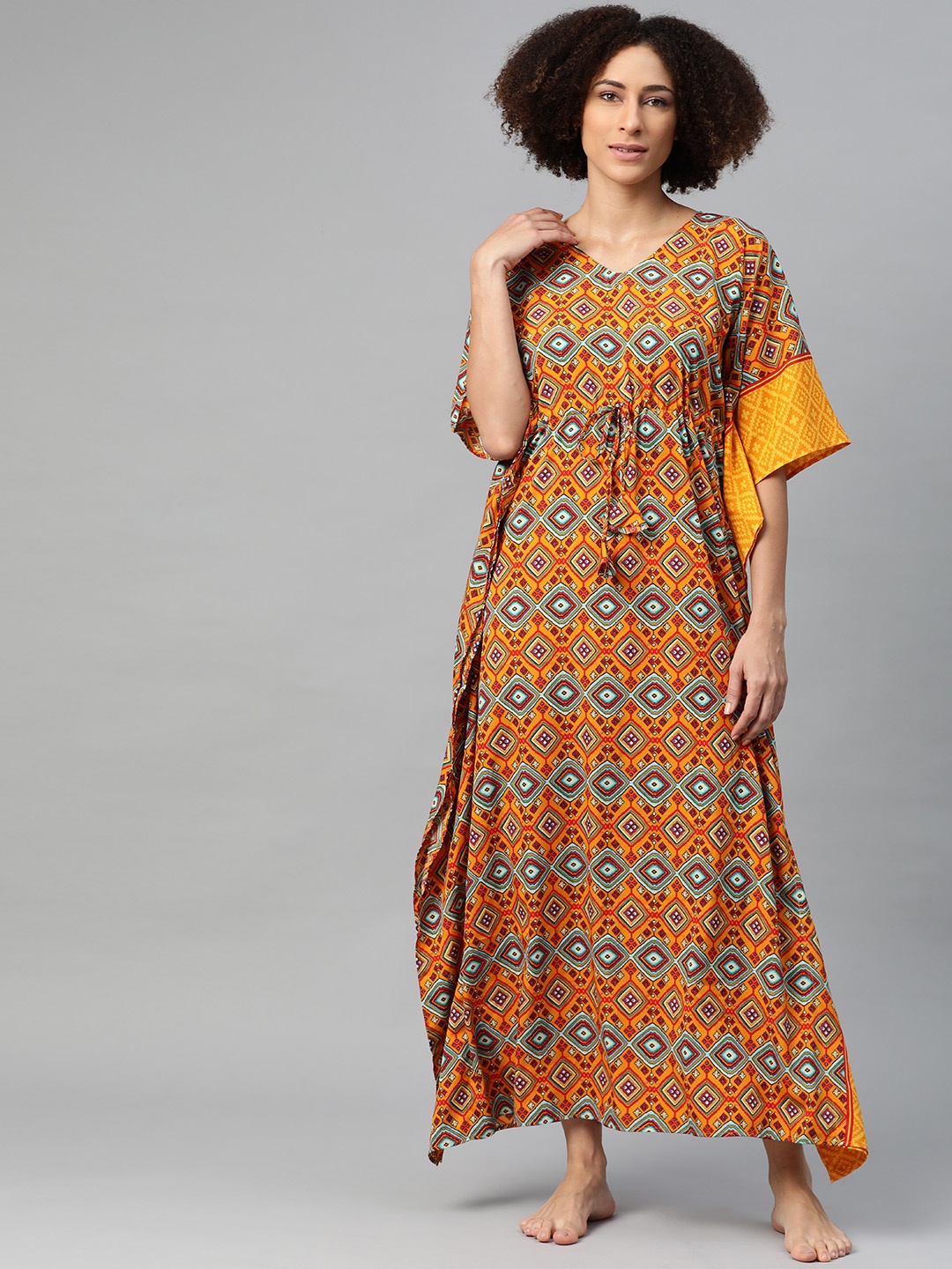 

Cottinfab Women Mustard Yellow & Red Printed Kaftan Maxi Nightdress