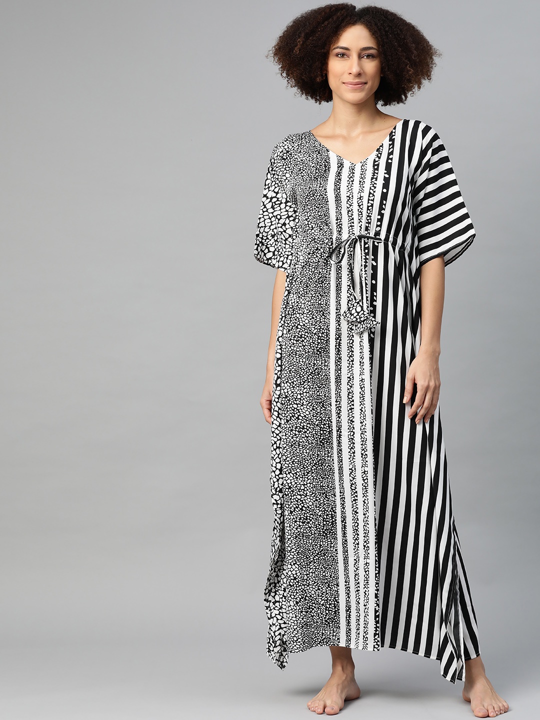 

Cottinfab Women Black & White Striped Kaftan Maxi Nightdress