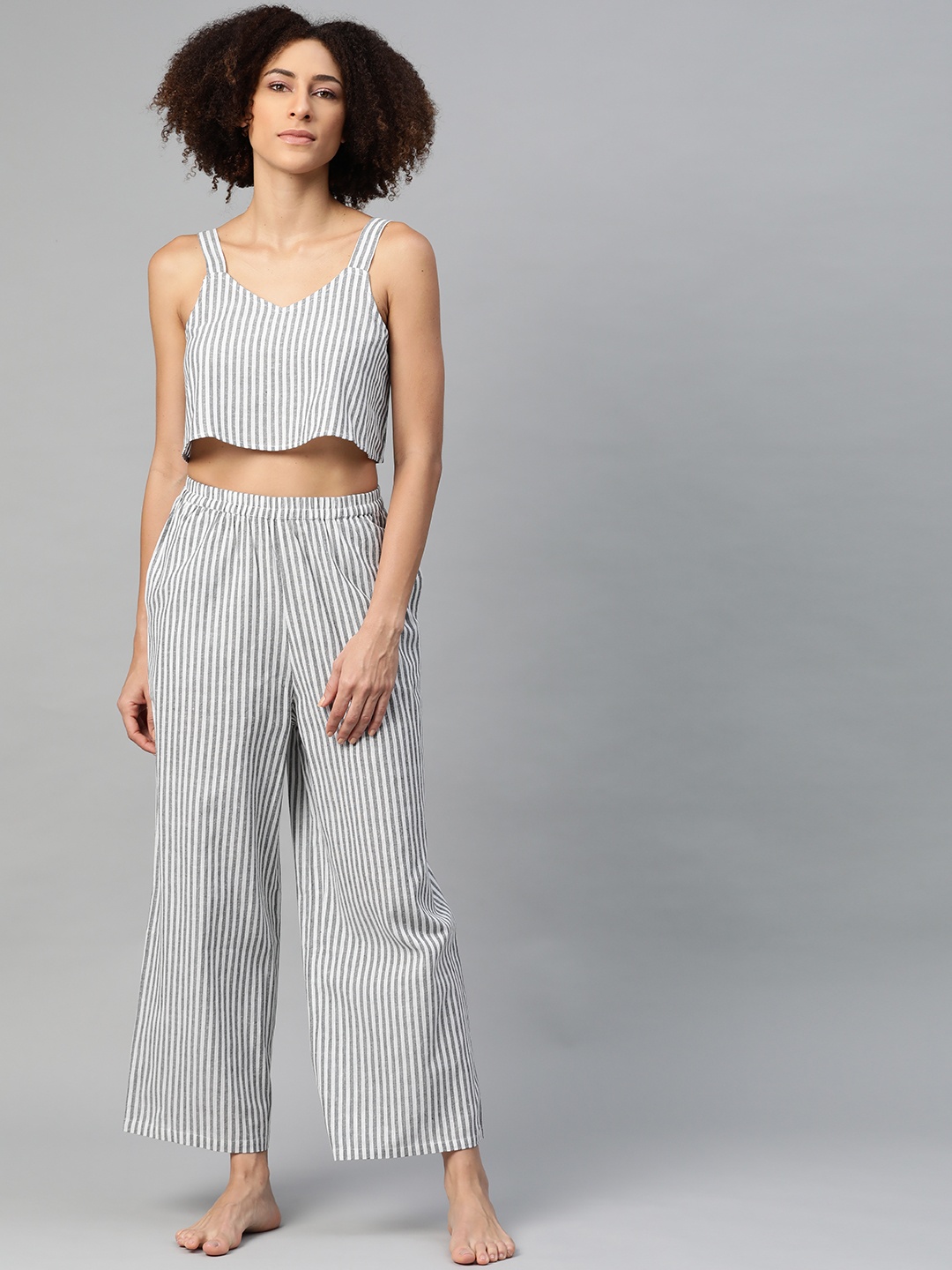 

Cottinfab Women Black & White Striped Night suit