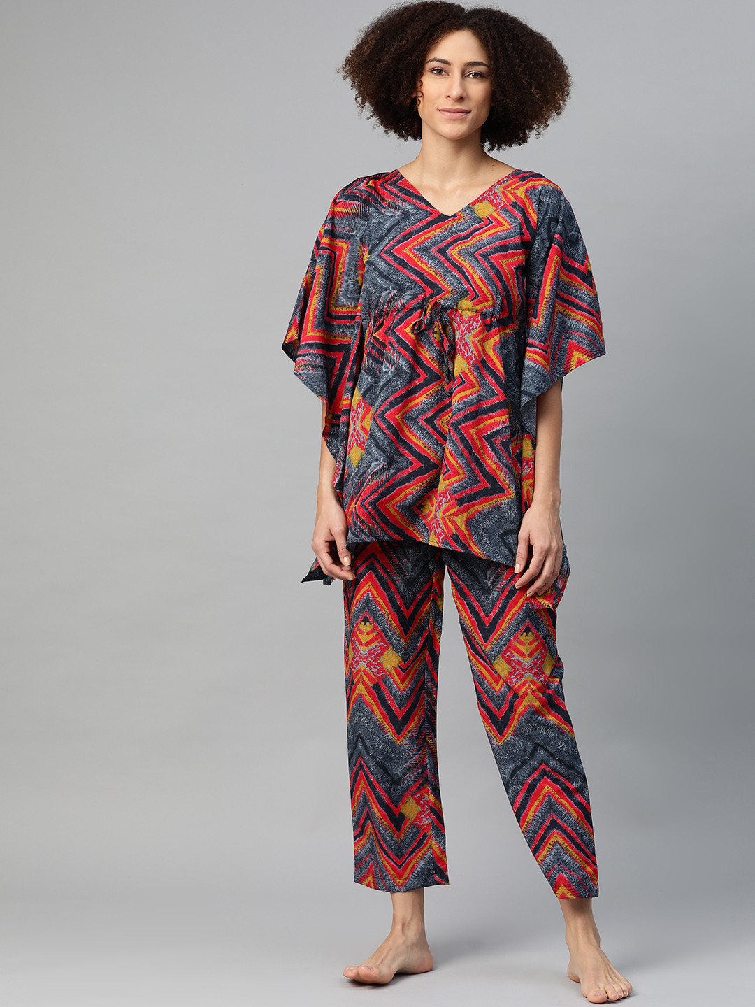 

Cottinfab Women Grey & Red Printed Night suit