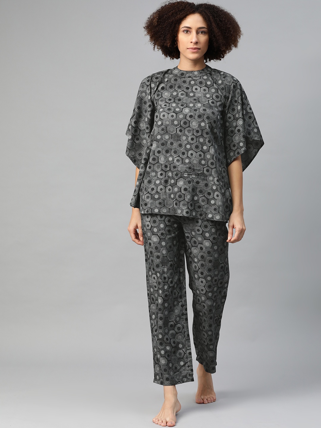 

Cottinfab Women Grey & Black Printed Night suit