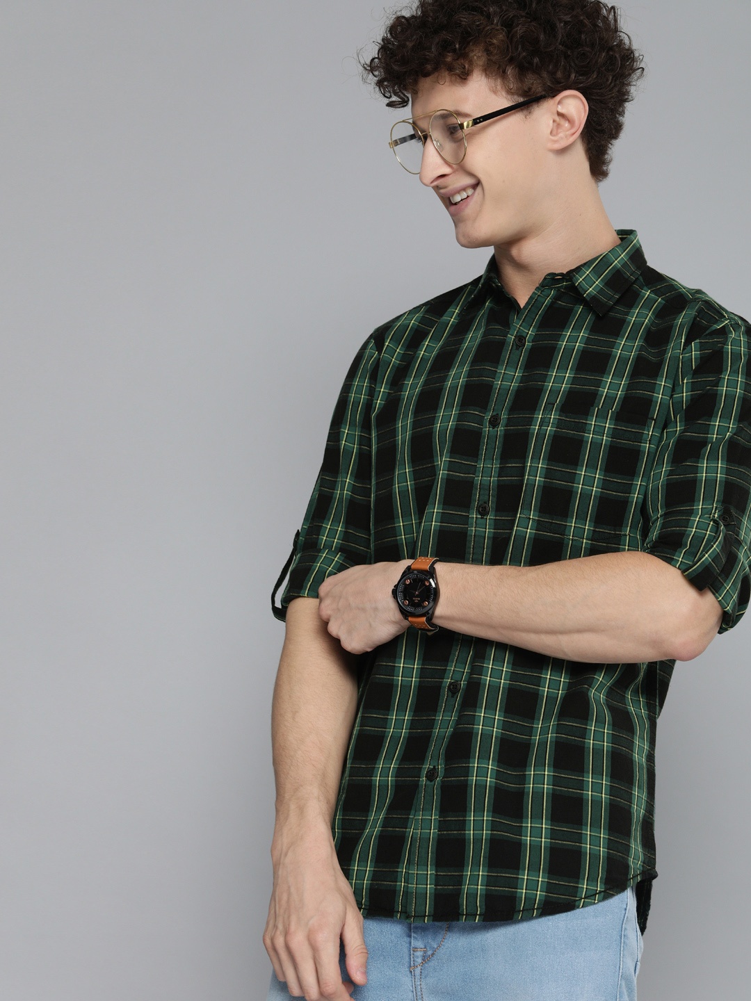 

HERE&NOW Men Black Slim Fit Tartan Checked Pure Cotton Casual Shirt