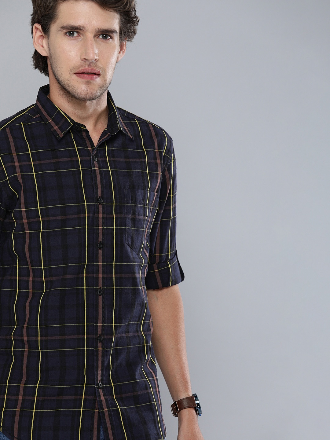 

HERE&NOW Men Navy Blue & Yellow Tartan Checks Casual Shirt