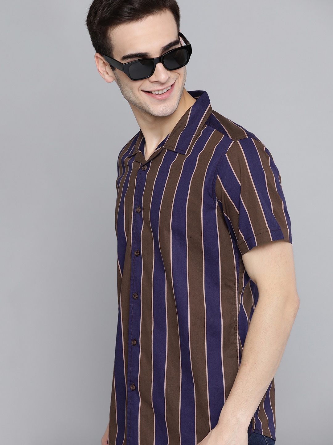 

HERE&NOW Men Blue & Brown Striped Pure Cotton Casual Shirt