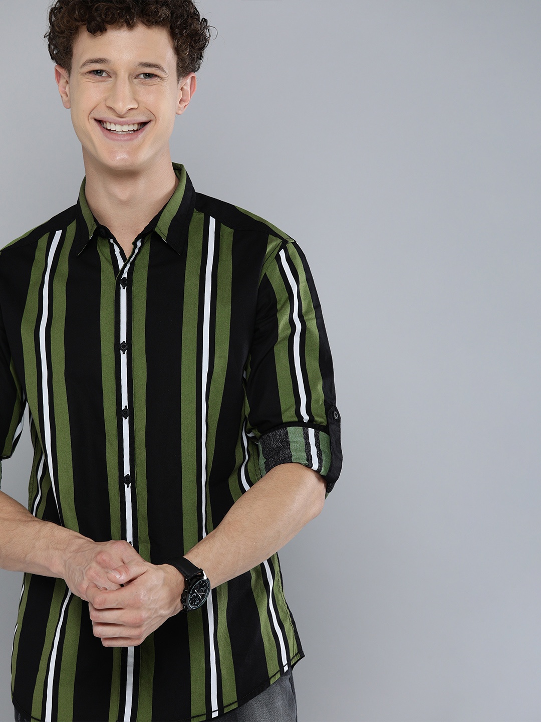 

HERE&NOW Men Olive Green & Black Slim Fit Pure Cotton Striped Casual Shirt