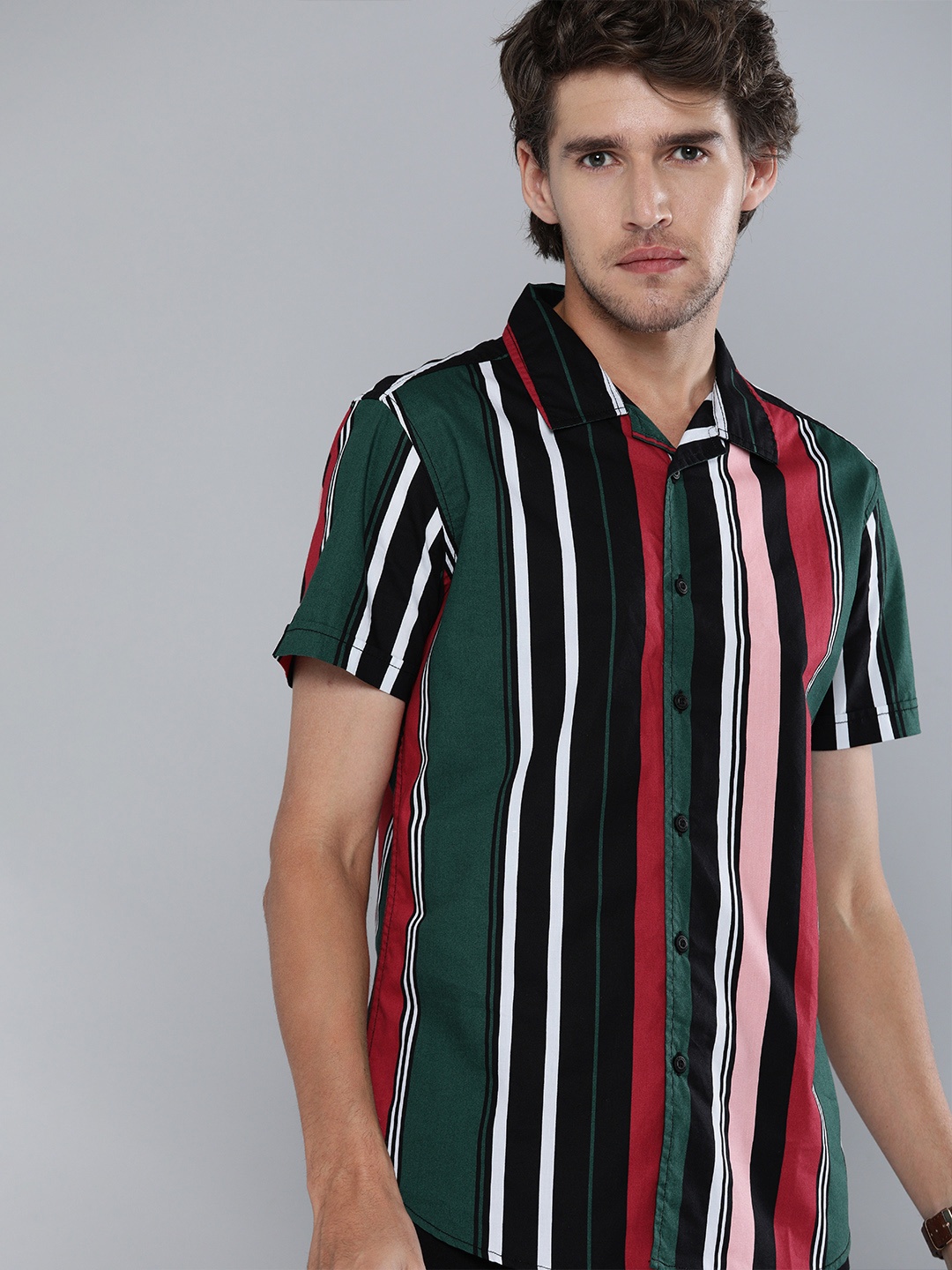 

HERE&NOW Men Green & Black Slim Fit Variegated Striped Pure Cotton Casual Shirt