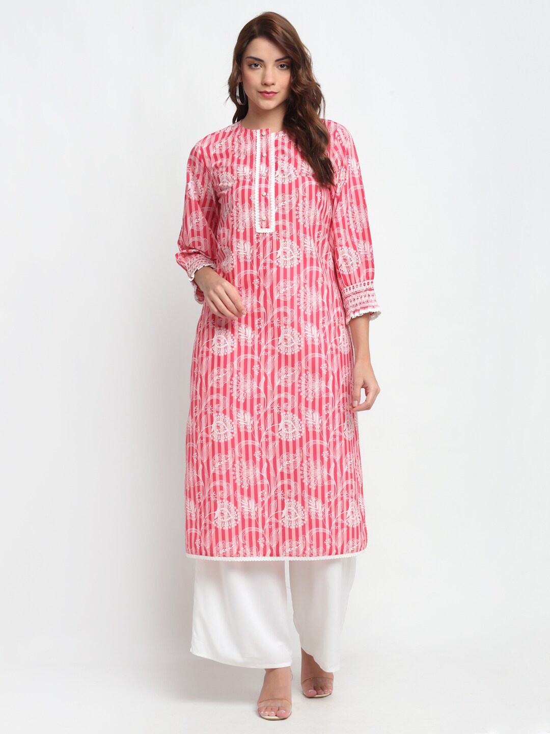 

BLANC9 Pink & Off White Floral Printed Pure Cotton Kurta