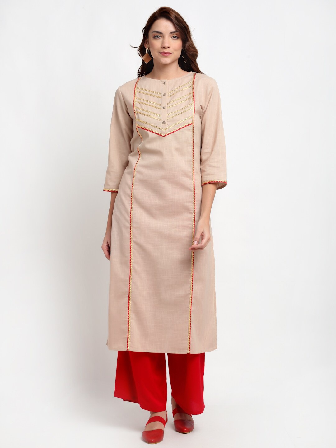 

BLANC9 Women Beige Yoke Design Gotta Patti Pastels Kurta