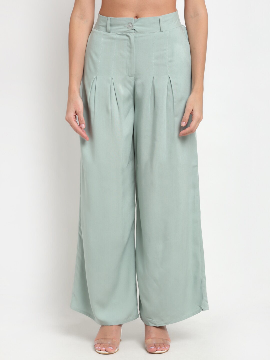 

BLANC9 Women Green Solid Front Pleat Wide Fit Palazzos