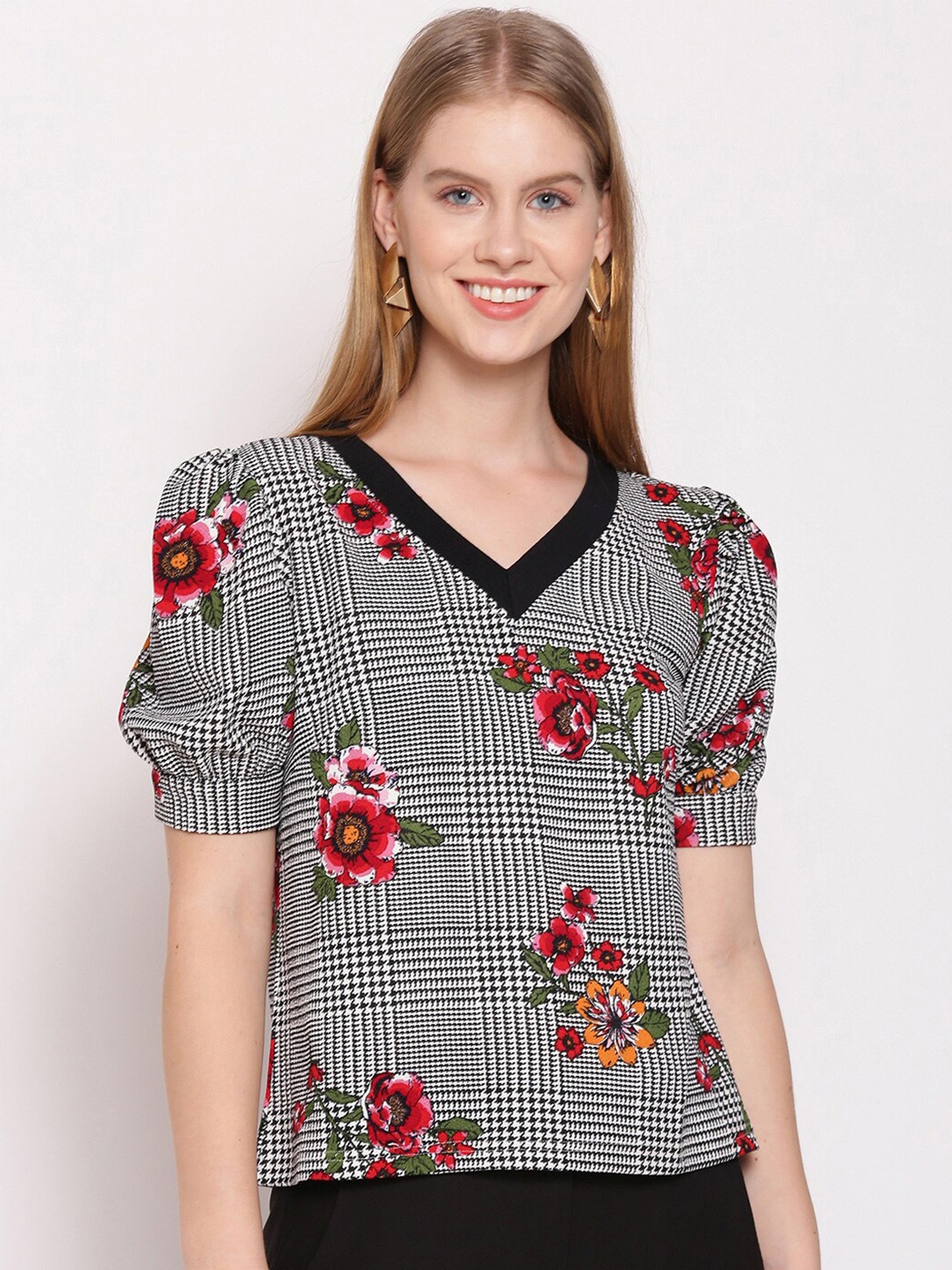 

Zink London Women Black & Red Floral Checked Puff Sleeve Regular Top