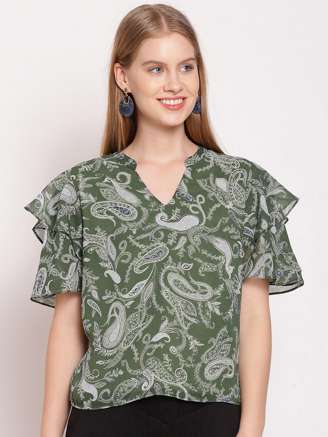 

Zink London Women Green Paisley Printed Flutter Sleeve Top