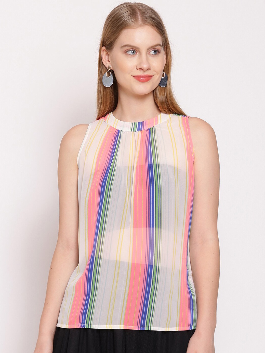 

Zink London Women Beige Striped Semi Sheer Regular Top