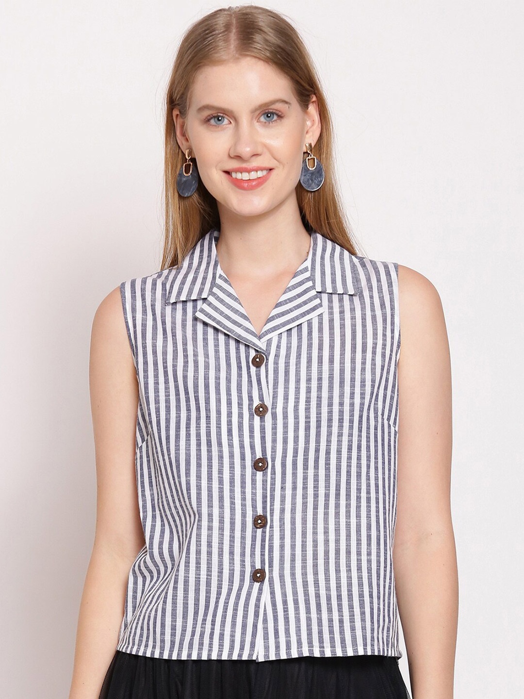 

Zink London Women Black & White Striped Shirt Style Top