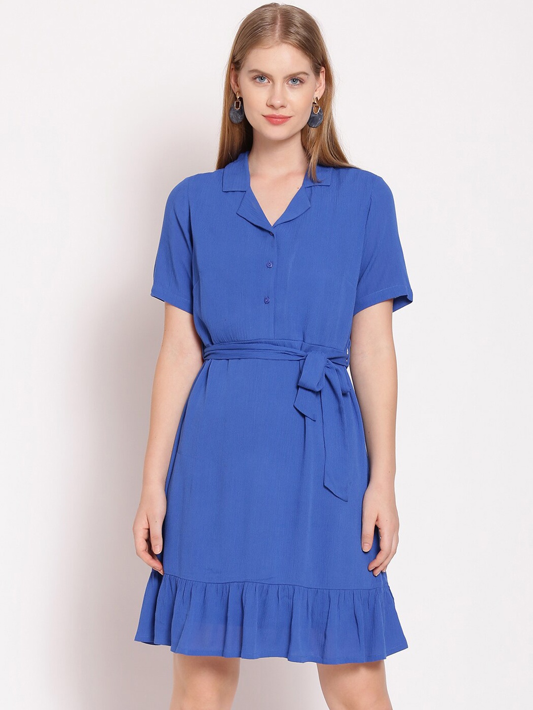 

Zink London Women Blue Solid Belted Shirt Dress