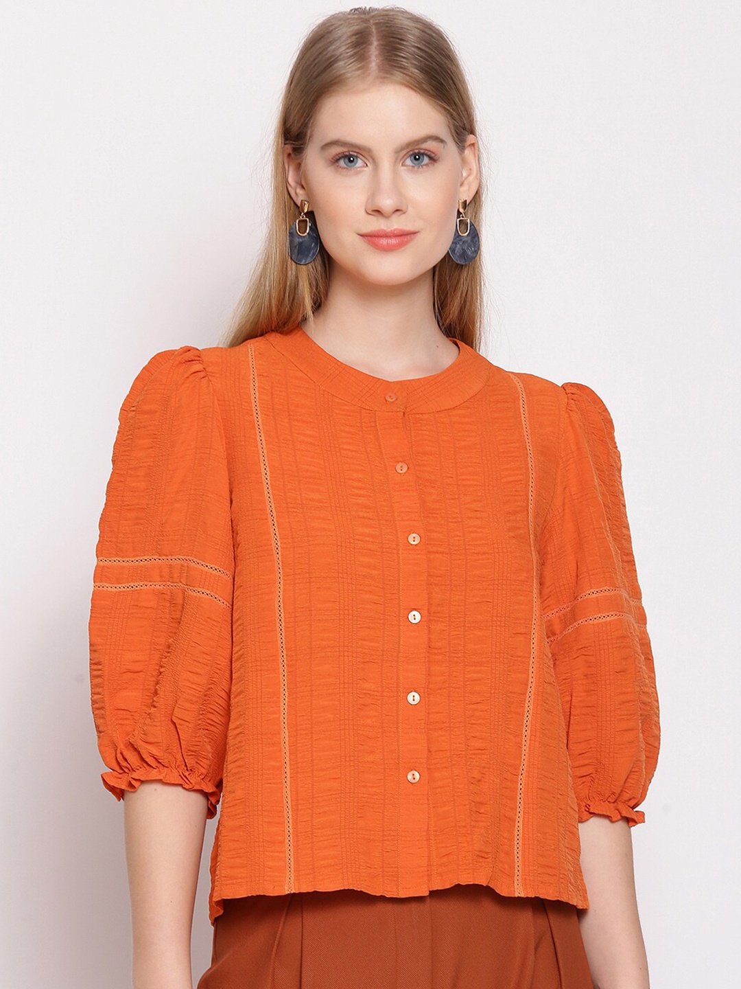 

Zink London Women Orange Solid Puff Sleeve Shirt Style Top