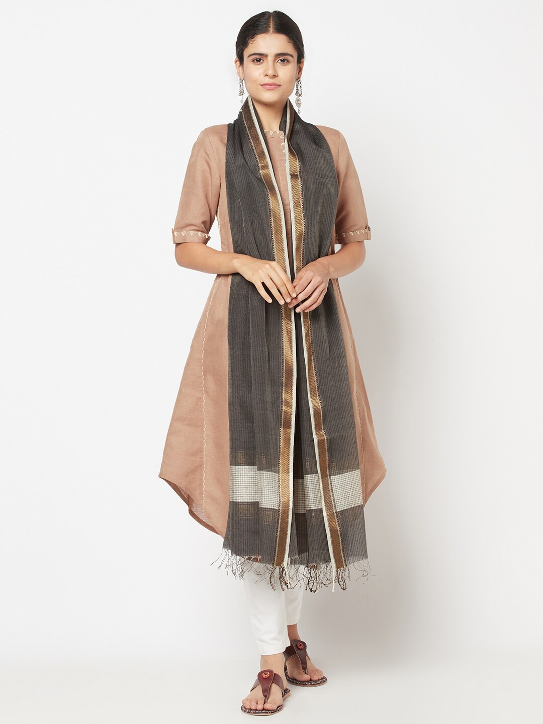 

Fabindia Black & White Striped Cotton Silk Dupatta with Zari