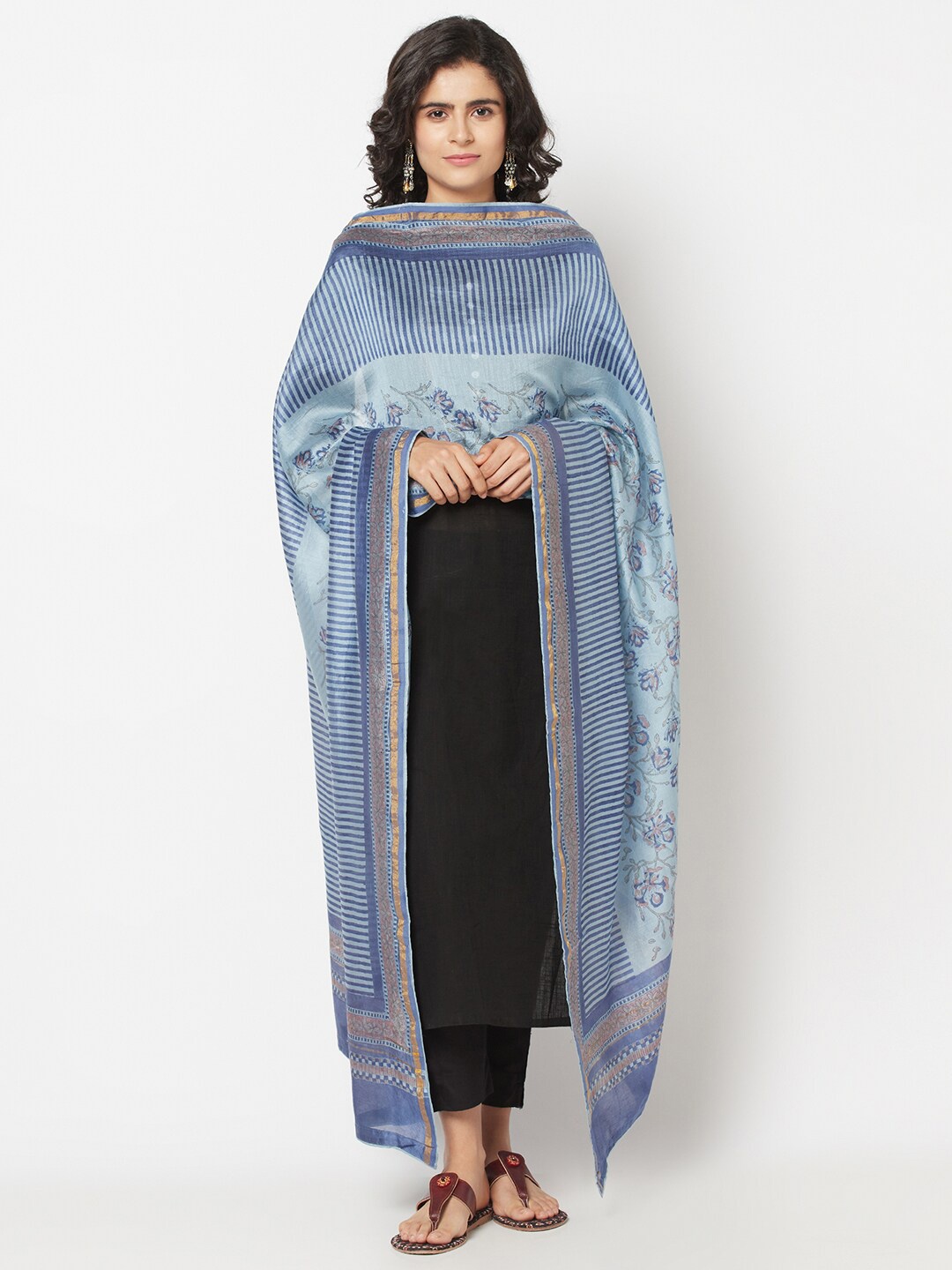 

Fabindia Blue & Grey Printed Cotton Silk Dupatta