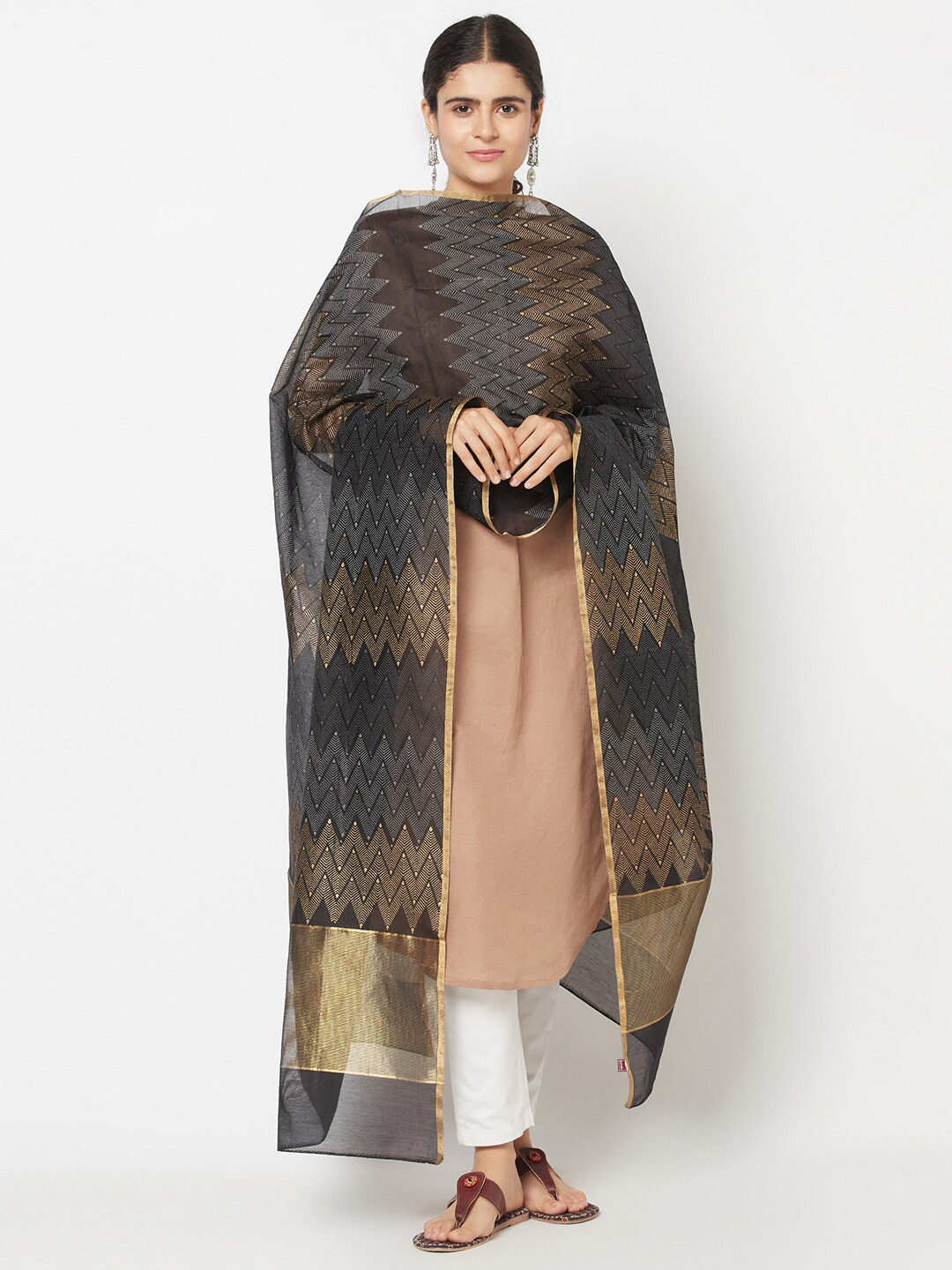 

Fabindia Black & Gold-Toned Woven Design Cotton Silk Dupatta