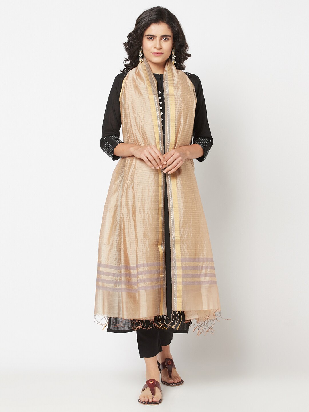 

Fabindia Beige & Gold-Toned Checked Cotton Silk Dupatta
