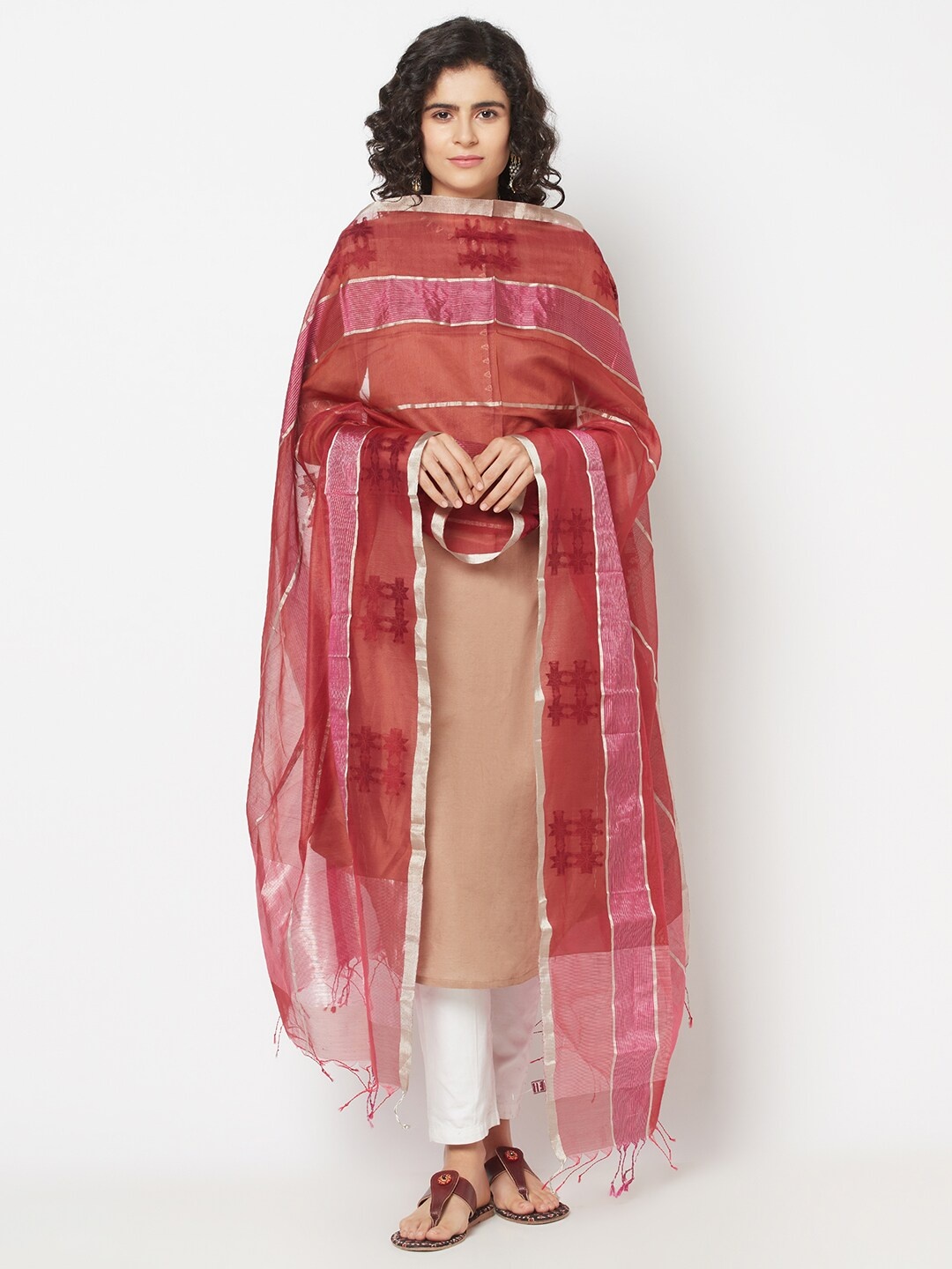

Fabindia Red & Pink Woven Design Cotton Silk Dupatta with Zari