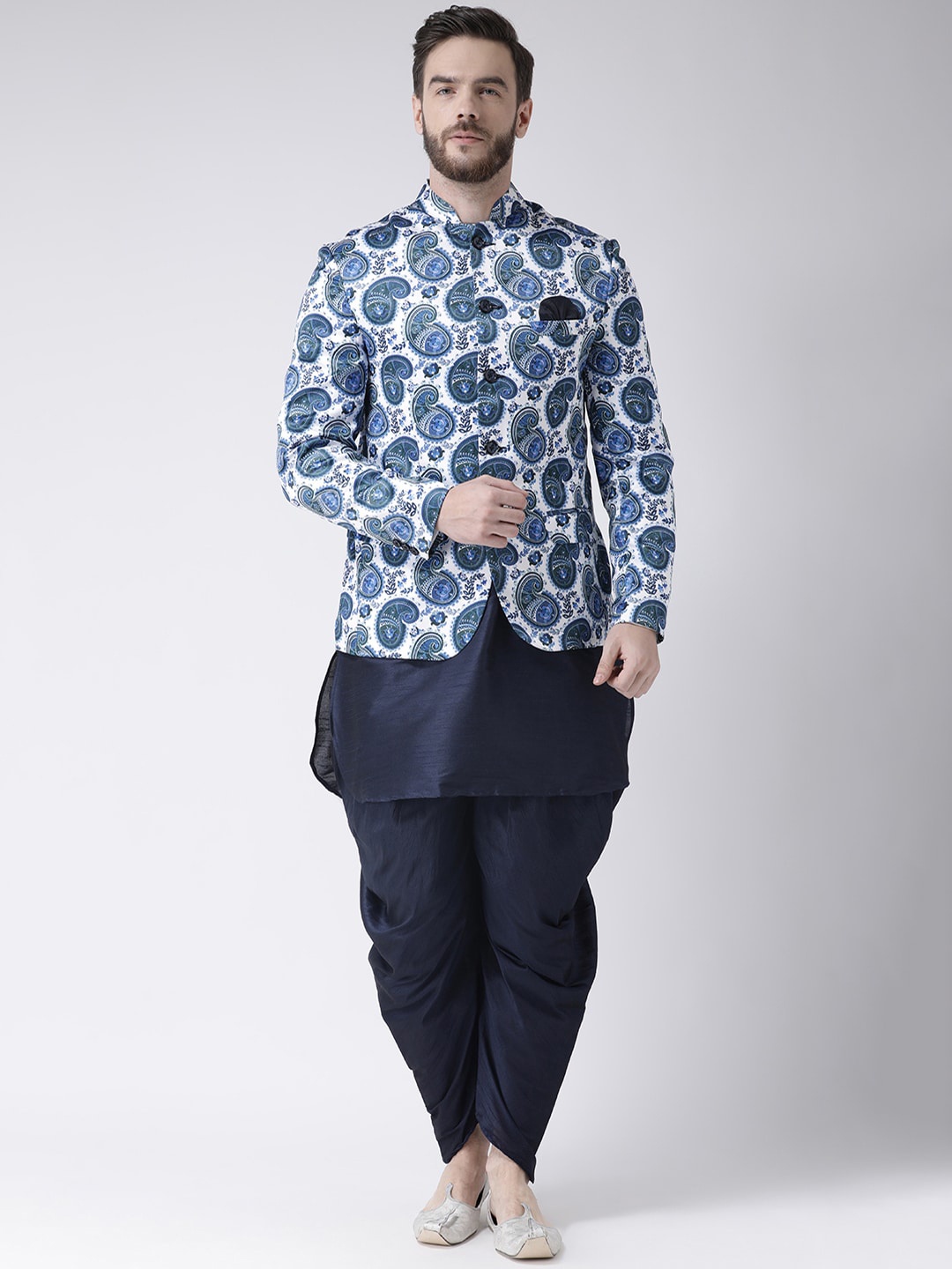 

Hangup Men Navy Blue Dupion Silk Solid Kurta with Dhoti Pants And Nehru Jacket