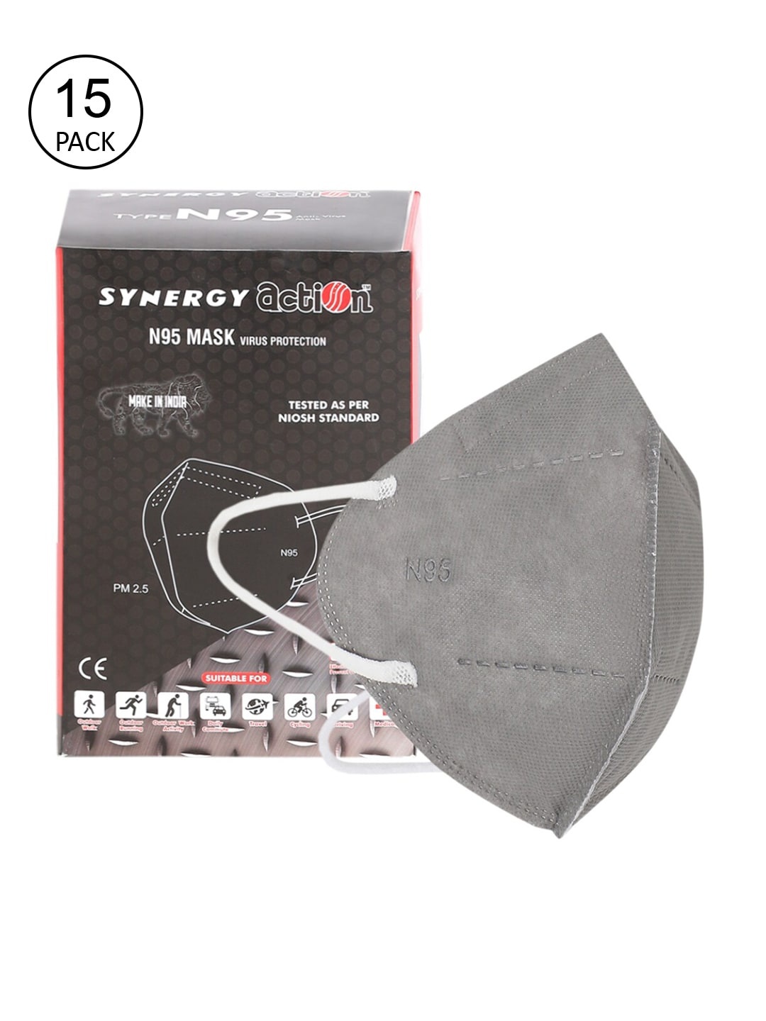 

Action Unisex Pack Of 15 Grey Solid 5-Ply Reusable N95 Masks