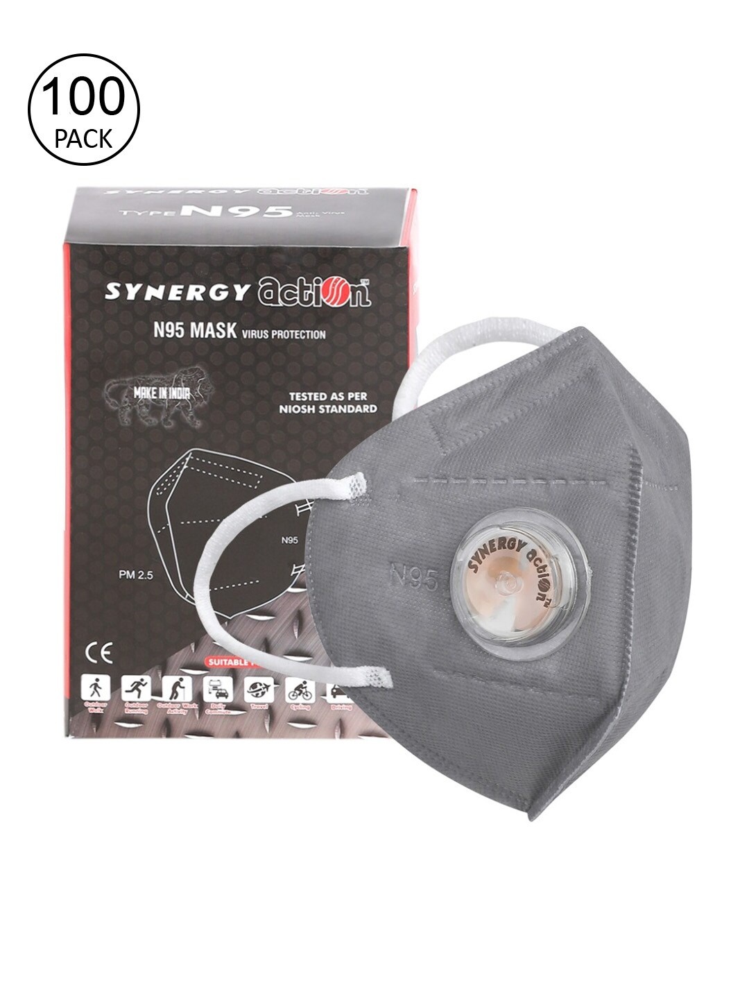 

Action Unisex Pack Of 100 Grey Solid 5-Ply Reusable N95 Masks