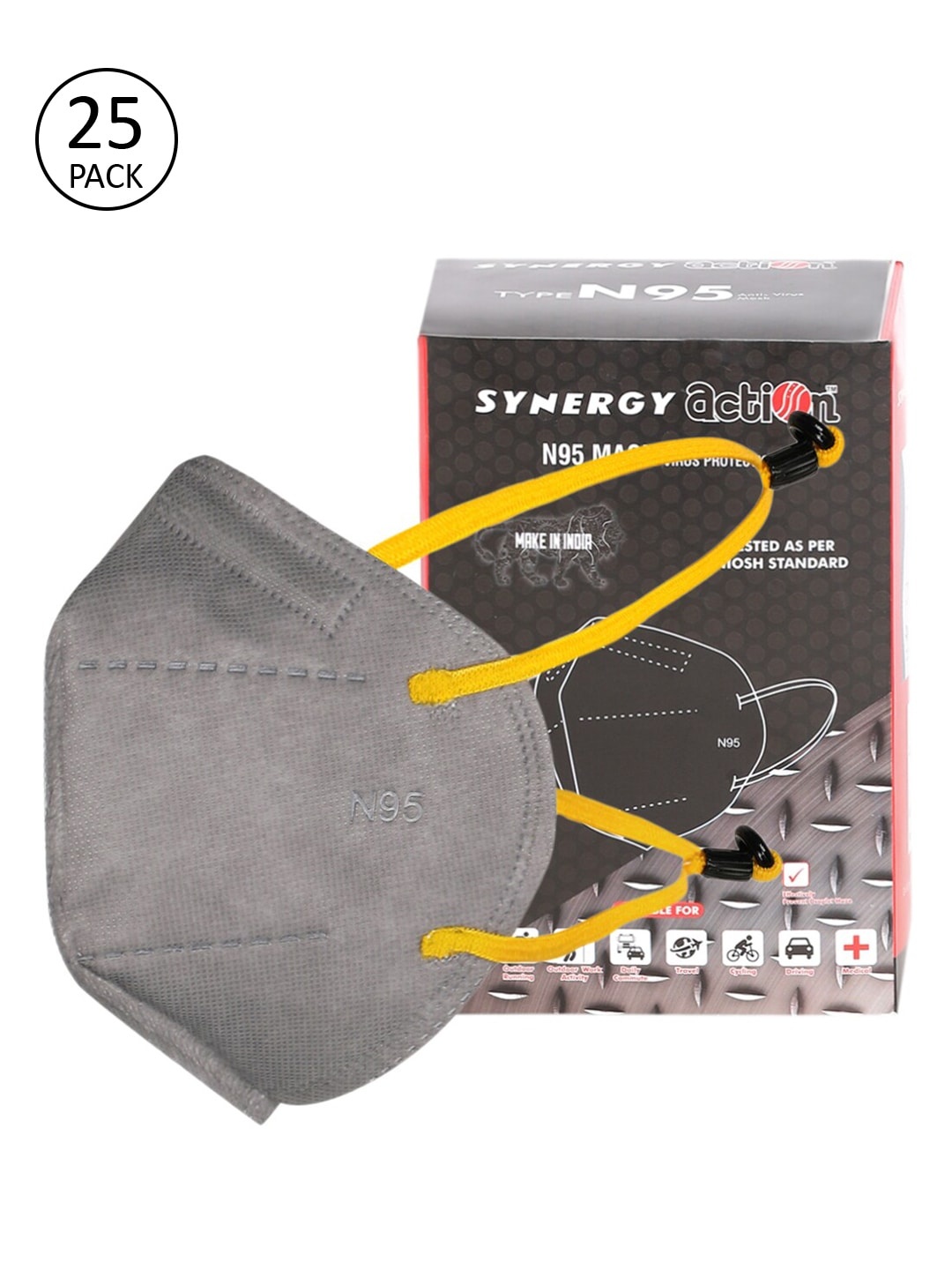 

Action Unisex Pack Of 25 Grey Solid 5-Ply Outdoor Reusable N95 Masks