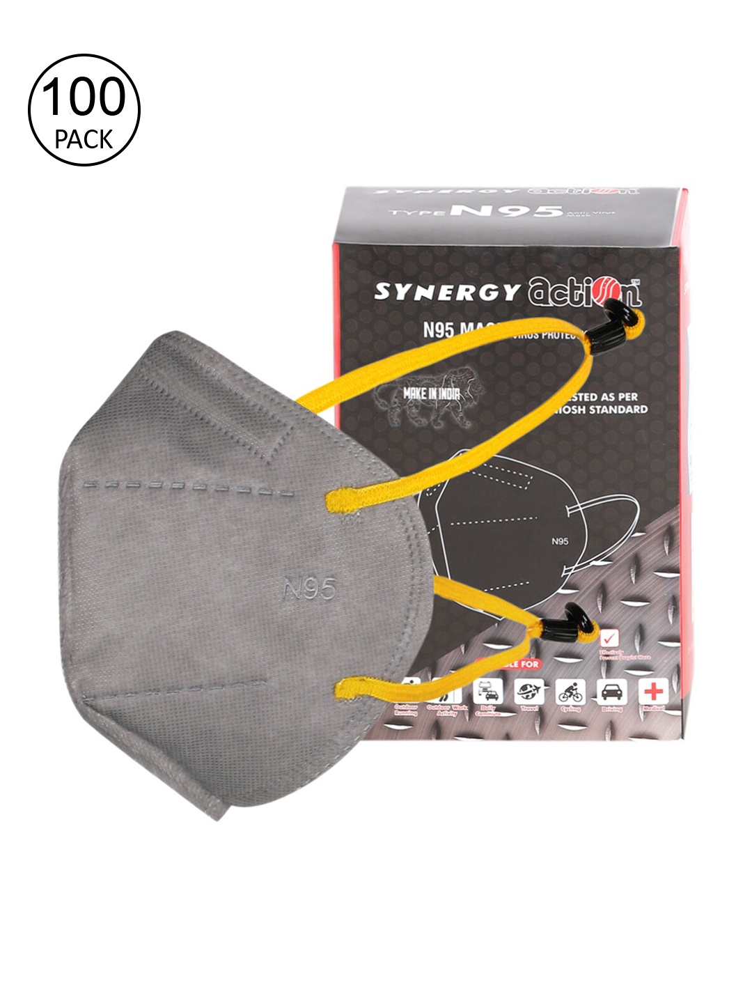 

Action Unisex Pack Of 100 Grey Solid 5-Ply Reusable N95 Masks