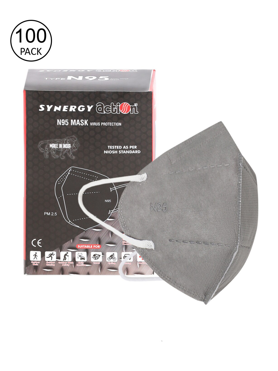 

Action Unisex Pack Of 100 Grey Solid 5-Ply Reusable N95 Masks